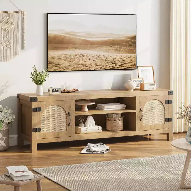 Meuble TV pour Salon, Meuble TV Console 150 cm avec Porte en Rotin et Étagères Réglables, Meuble TV Style Bohème