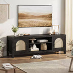 TV Stand for Living Room, 59 TV Console Cabinet with Rattan Door and Adjustable Shelves, Boho Entertainment Center