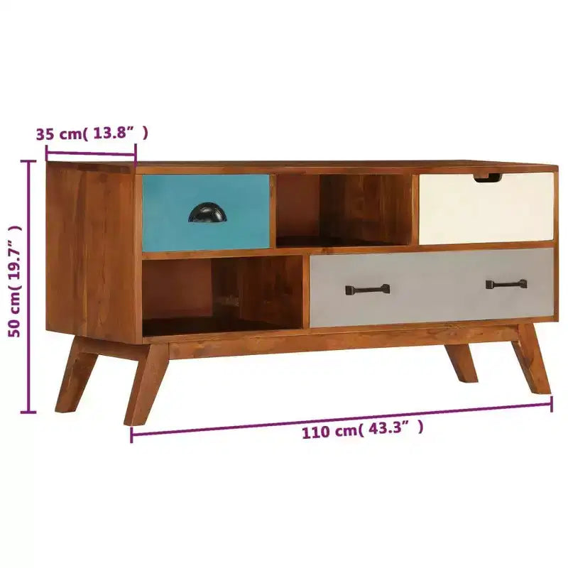 vidaXL Meuble TV en Bois Massif d'Acacia avec Finition Miel Foncée - Style Rétro, 3 Tiroirs, 2 Compartiments de Rangement, Grains de Bois Uniques, Montage Facile