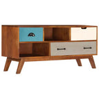 vidaXL Meuble TV en Bois Massif d'Acacia avec Finition Miel Foncée - Style Rétro, 3 Tiroirs, 2 Compartiments de Rangement, Grains de Bois Uniques, Montage Facile