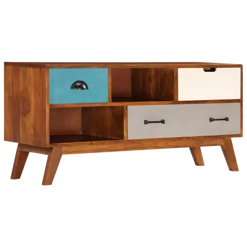 vidaXL Meuble TV en Bois Massif d'Acacia avec Finition Miel Foncée - Style Rétro, 3 Tiroirs, 2 Compartiments de Rangement, Grains de Bois Uniques, Montage Facile