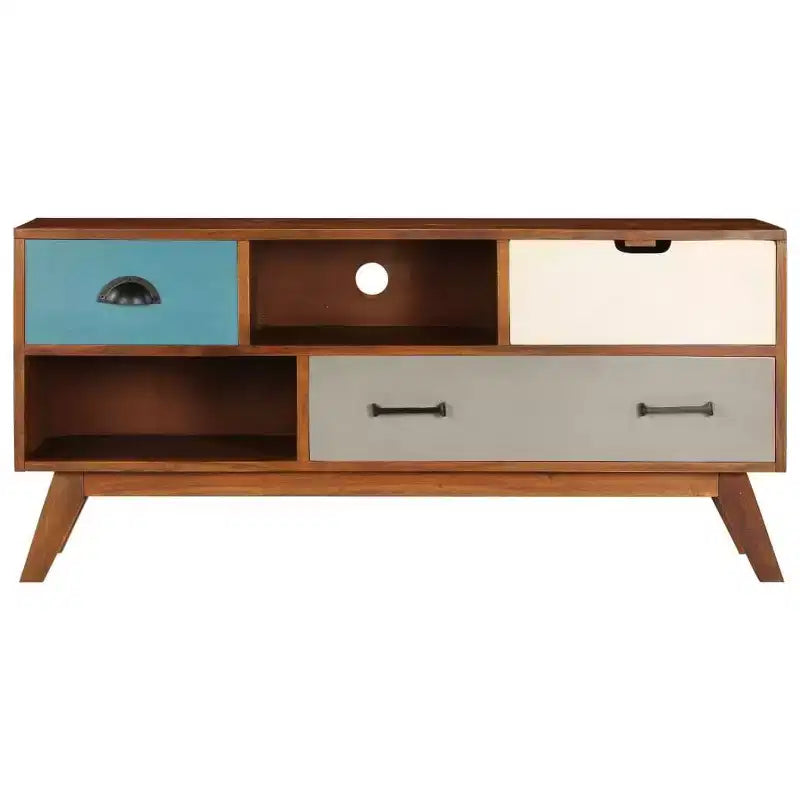 vidaXL Meuble TV en Bois Massif d'Acacia avec Finition Miel Foncée - Style Rétro, 3 Tiroirs, 2 Compartiments de Rangement, Grains de Bois Uniques, Montage Facile