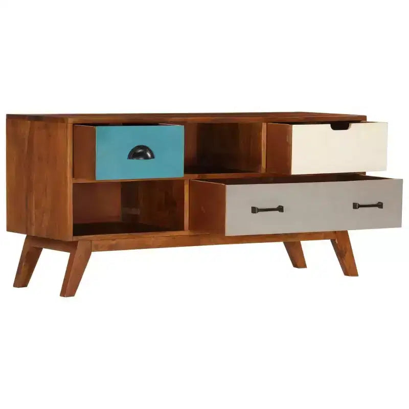 vidaXL Meuble TV en Bois Massif d'Acacia avec Finition Miel Foncée - Style Rétro, 3 Tiroirs, 2 Compartiments de Rangement, Grains de Bois Uniques, Montage Facile