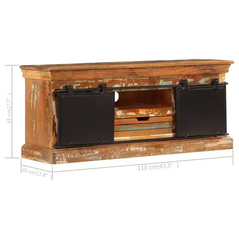 Meuble TV vidaXL – Meuble en bois de style antique 43,3x11,8x17,7 avec trois compartiments et un tiroir – Bois de récupération massif