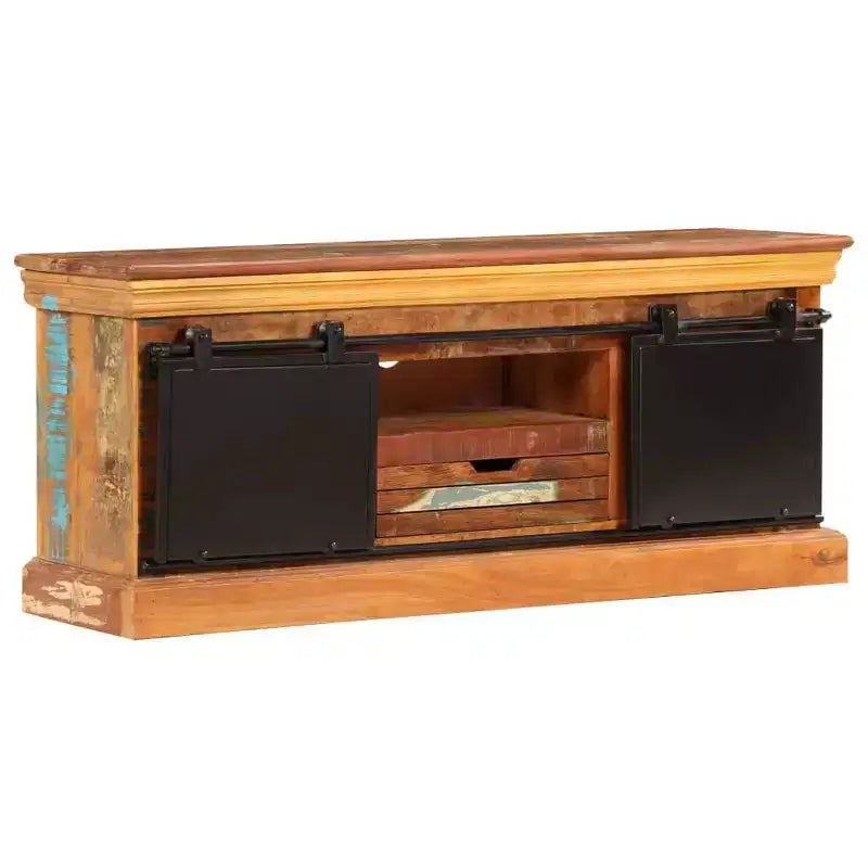 Meuble TV vidaXL – Meuble en bois de style antique 43,3x11,8x17,7 avec trois compartiments et un tiroir – Bois de récupération massif