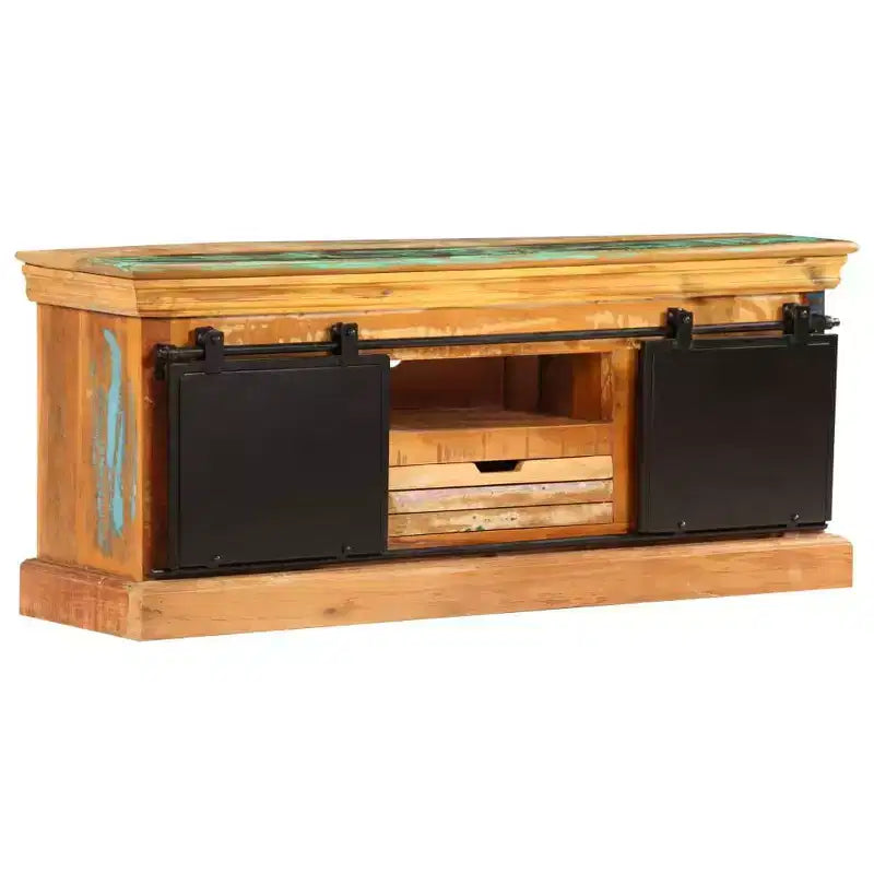 Meuble TV vidaXL – Meuble en bois de style antique 43,3x11,8x17,7 avec trois compartiments et un tiroir – Bois de récupération massif