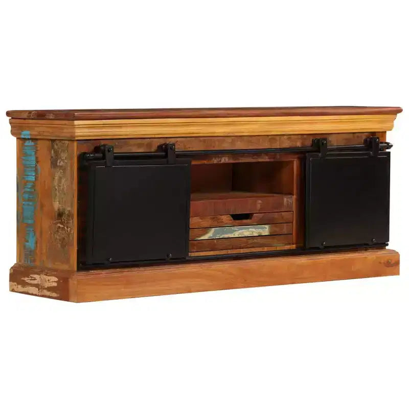 Meuble TV vidaXL – Meuble en bois de style antique 43,3x11,8x17,7 avec trois compartiments et un tiroir – Bois de récupération massif