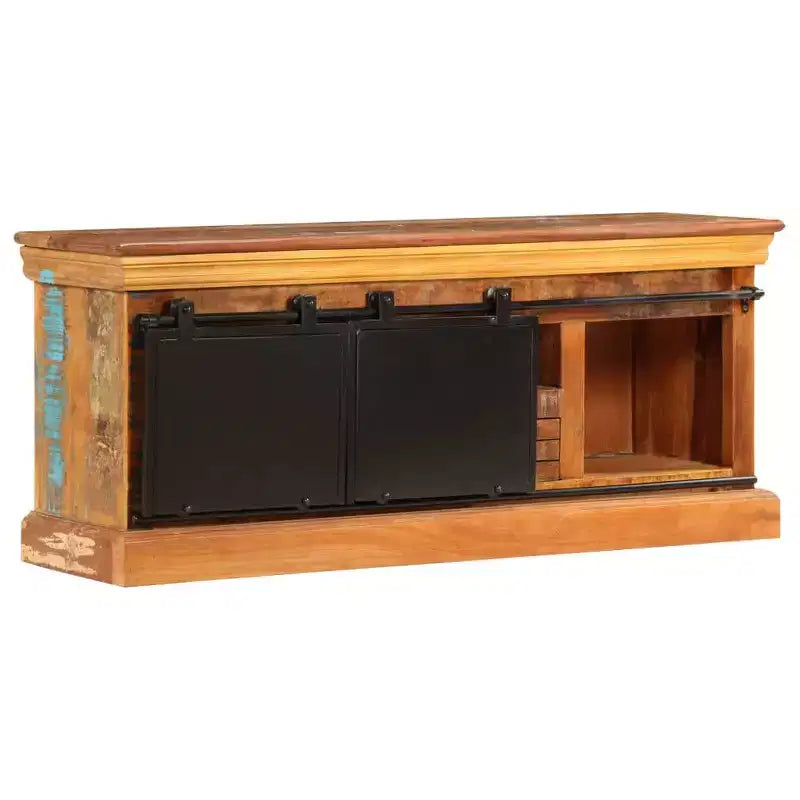 Meuble TV vidaXL – Meuble en bois de style antique 43,3x11,8x17,7 avec trois compartiments et un tiroir – Bois de récupération massif