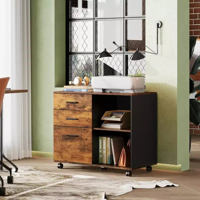 GALAXHERO Meuble de classement mobile en bois à 3 tiroirs, classeur latéral avec support d'imprimante et étagères de rangement ouvertes pour bureau à domicile