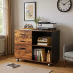 GALAXHERO Meuble de classement mobile en bois à 3 tiroirs, classeur latéral avec support d'imprimante et étagères de rangement ouvertes pour bureau à domicile