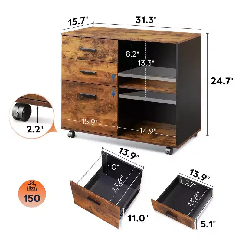 GALAXHERO Meuble de classement mobile en bois à 3 tiroirs, classeur latéral avec support d'imprimante et étagères de rangement ouvertes pour bureau à domicile