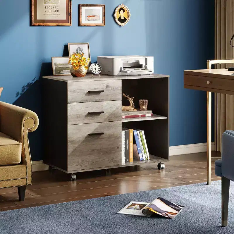 GALAXHERO Meuble de classement mobile en bois à 3 tiroirs, classeur latéral avec support d'imprimante et étagères de rangement ouvertes pour bureau à domicile