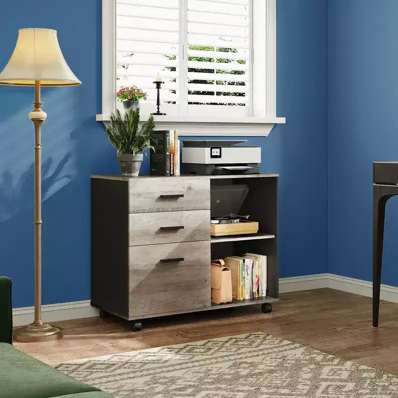 GALAXHERO Meuble de classement mobile en bois à 3 tiroirs, classeur latéral avec support d'imprimante et étagères de rangement ouvertes pour bureau à domicile