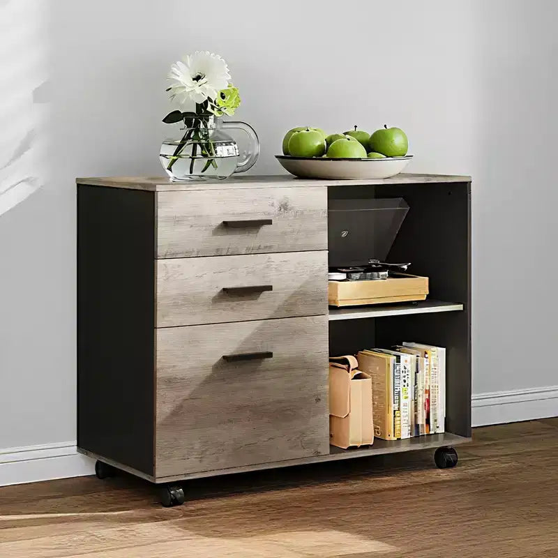 GALAXHERO Meuble de classement mobile en bois à 3 tiroirs, classeur latéral avec support d'imprimante et étagères de rangement ouvertes pour bureau à domicile