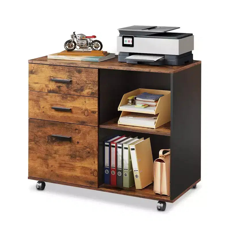 GALAXHERO Meuble de classement mobile en bois à 3 tiroirs, classeur latéral avec support d'imprimante et étagères de rangement ouvertes pour bureau à domicile