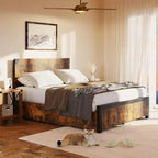 Acekool Industrial Platform Bed Frame with Wood Headboard & 4 Storage Drawers, Metal Mattress Foundation, No Box Spring Required