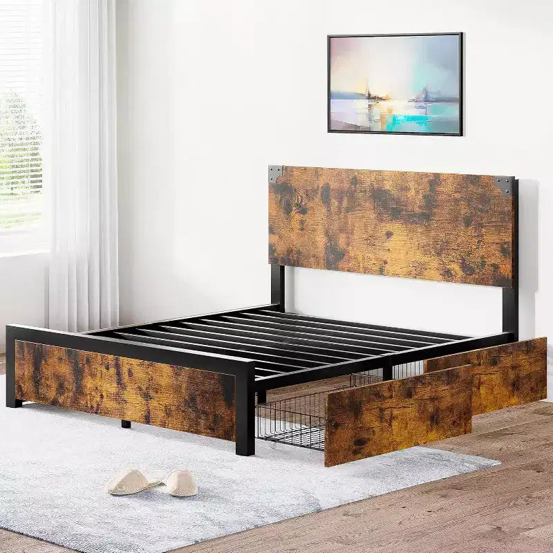 Cadre de lit plateforme industriel Acekool avec tête de lit en bois et 4 tiroirs de rangement, sommier métallique, aucun sommier tapissier requis