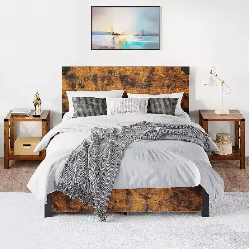 Cadre de lit plateforme industriel Acekool avec tête de lit en bois et 4 tiroirs de rangement, sommier métallique, aucun sommier tapissier requis