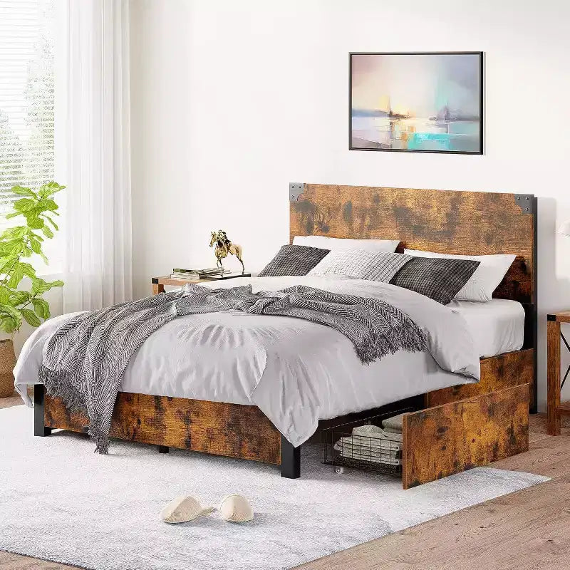 Cadre de lit plateforme industriel Acekool avec tête de lit en bois et 4 tiroirs de rangement, sommier métallique, aucun sommier tapissier requis