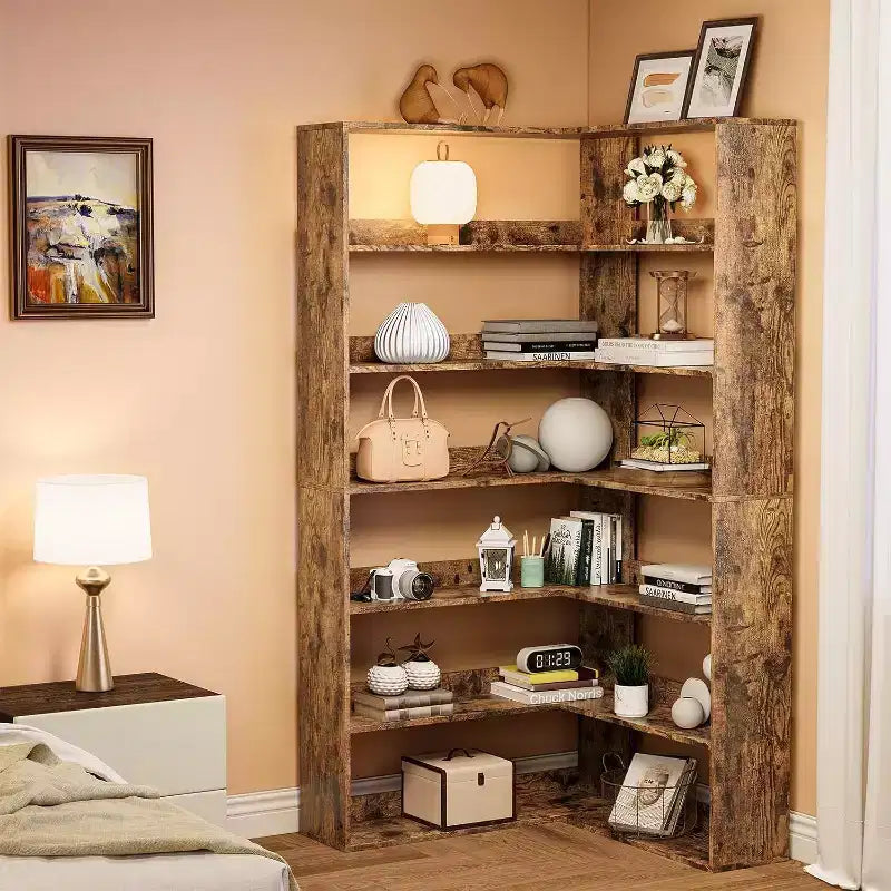 Étagère d'angle en forme de L à 6 niveaux Acekool avec déflecteurs, bibliothèque industrielle haute, grand meuble de rangement pour salon, bureau
