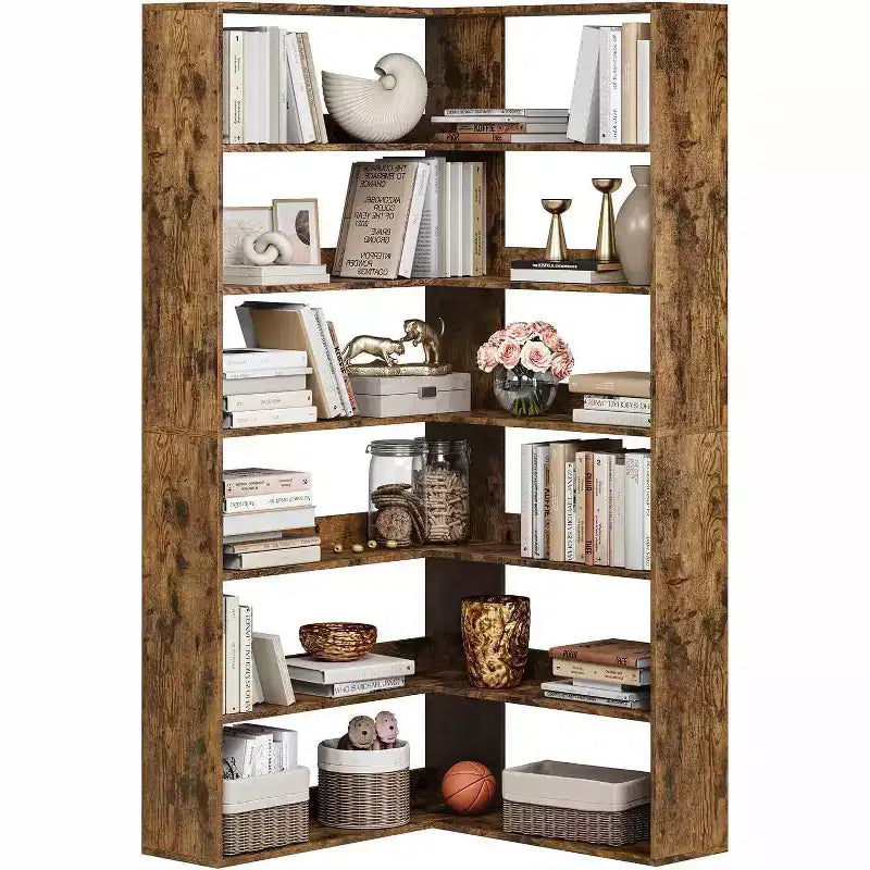 Acekool 6-Tier L-Shaped Corner Bookshelf with Baffles, Tall Industrial Bookcase, Large Storage Display Rack for Living Room, Office