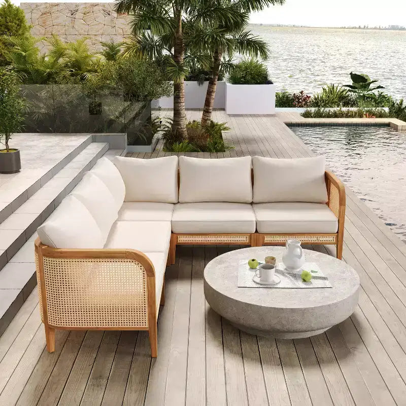Christopher Knight Home Tighnari Boho Outdoor 5-Seater Rattan Acacia Wood V-Shaped Sectional Sofa with Cushions