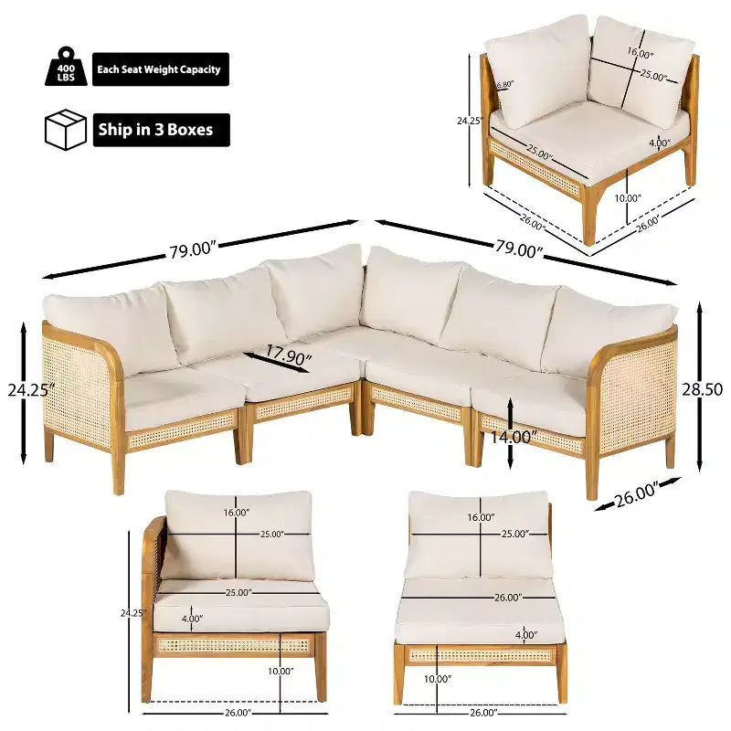 Canapé d'angle en rotin et bois d'acacia en V avec coussins 5 places d'extérieur style bohème Tighnari Christopher Knight Home