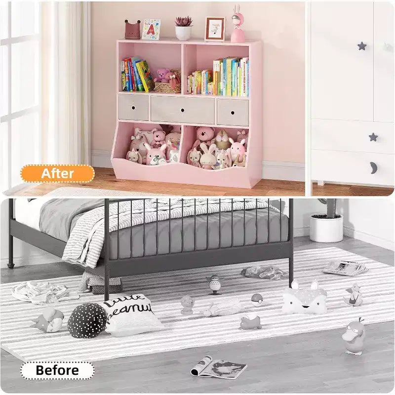Organisateur de jouets Acekool pour enfants, grand meuble de rangement à 7 compartiments, bibliothèque à 3 niveaux avec 3 tiroirs et bacs inclinés pour salle de jeux, chambre d'enfant, salon, gris