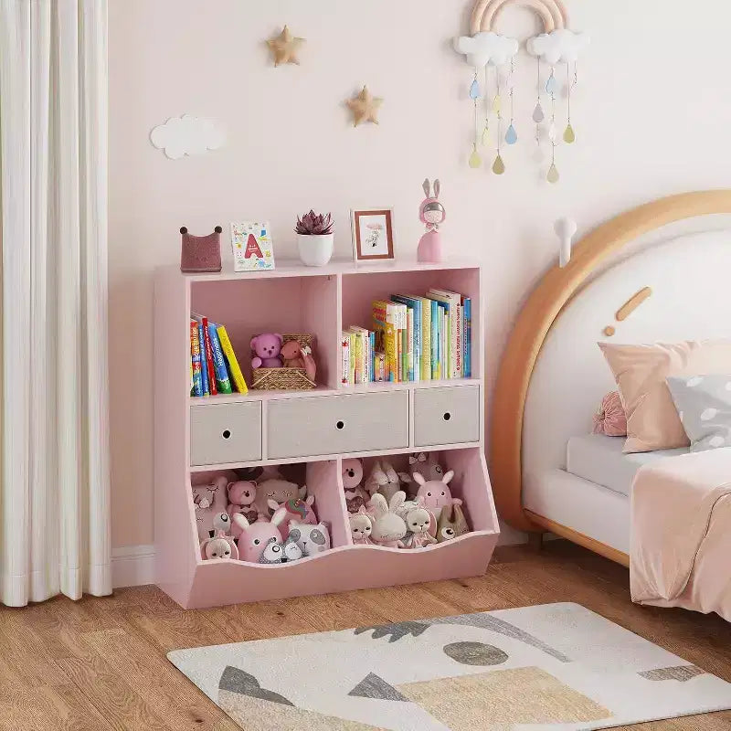 Organisateur de jouets Acekool pour enfants, grand meuble de rangement à 7 compartiments, bibliothèque à 3 niveaux avec 3 tiroirs et bacs inclinés pour salle de jeux, chambre d'enfant, salon, gris