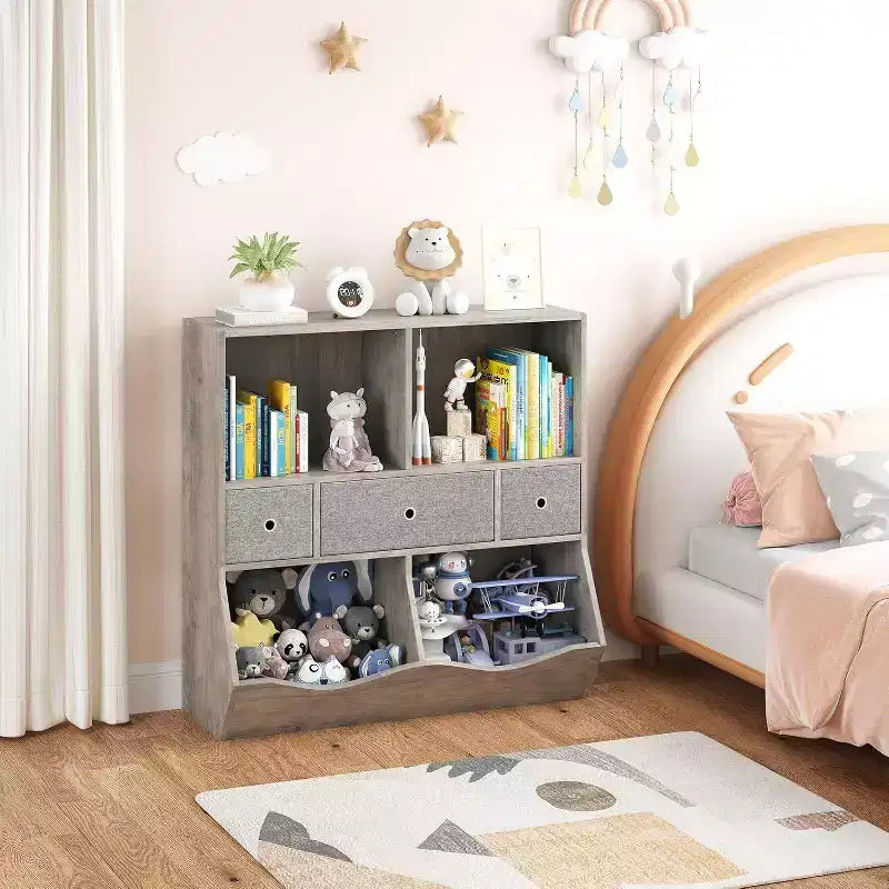 Organisateur de jouets Acekool pour enfants, grand meuble de rangement à 7 compartiments, bibliothèque à 3 niveaux avec 3 tiroirs et bacs inclinés pour salle de jeux, chambre d'enfant, salon, gris