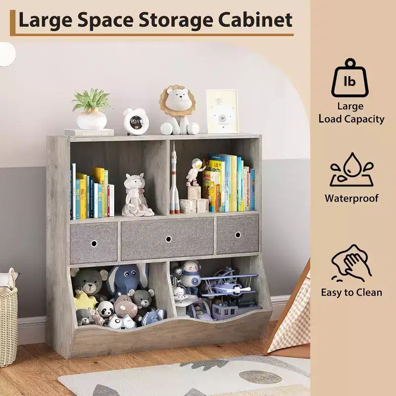 Organisateur de jouets Acekool pour enfants, grand meuble de rangement à 7 compartiments, bibliothèque à 3 niveaux avec 3 tiroirs et bacs inclinés pour salle de jeux, chambre d'enfant, salon, gris