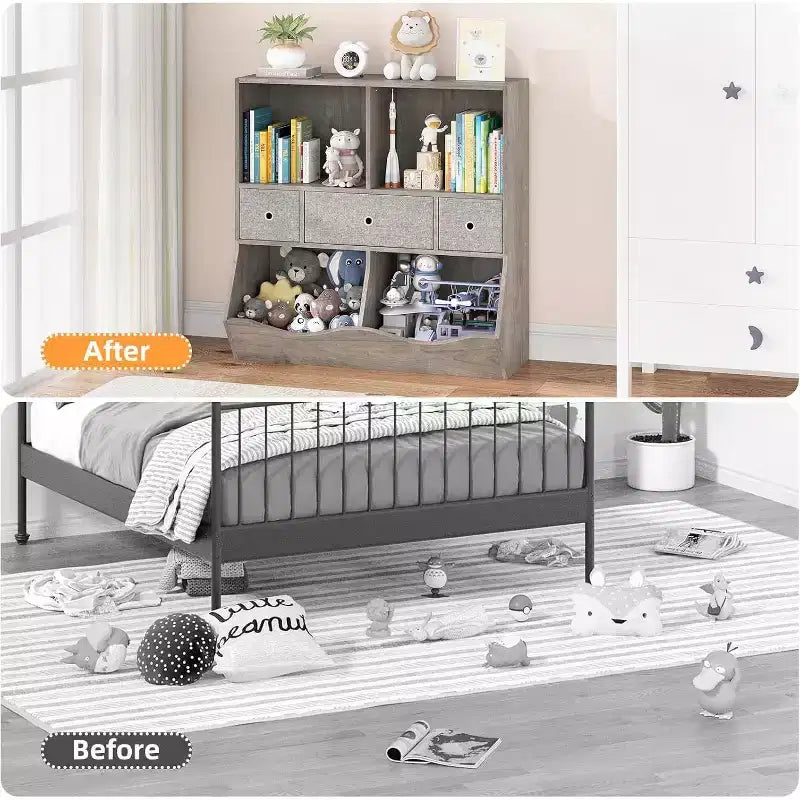 Organisateur de jouets Acekool pour enfants, grand meuble de rangement à 7 compartiments, bibliothèque à 3 niveaux avec 3 tiroirs et bacs inclinés pour salle de jeux, chambre d'enfant, salon, gris