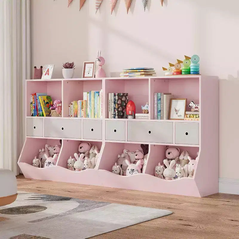 Organisateur de jouets Acekool pour enfants, grand meuble de rangement à 7 compartiments, bibliothèque à 3 niveaux avec 3 tiroirs et bacs inclinés pour salle de jeux, chambre d'enfant, salon, gris