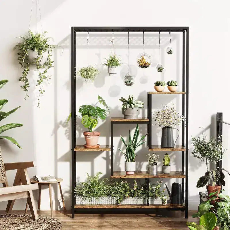 Acekool Étagère pour plantes d'intérieur à 5 niveaux, 180 cm, en métal, avec crochets, présentoir polyvalent pour salon, balcon, jardin, marron