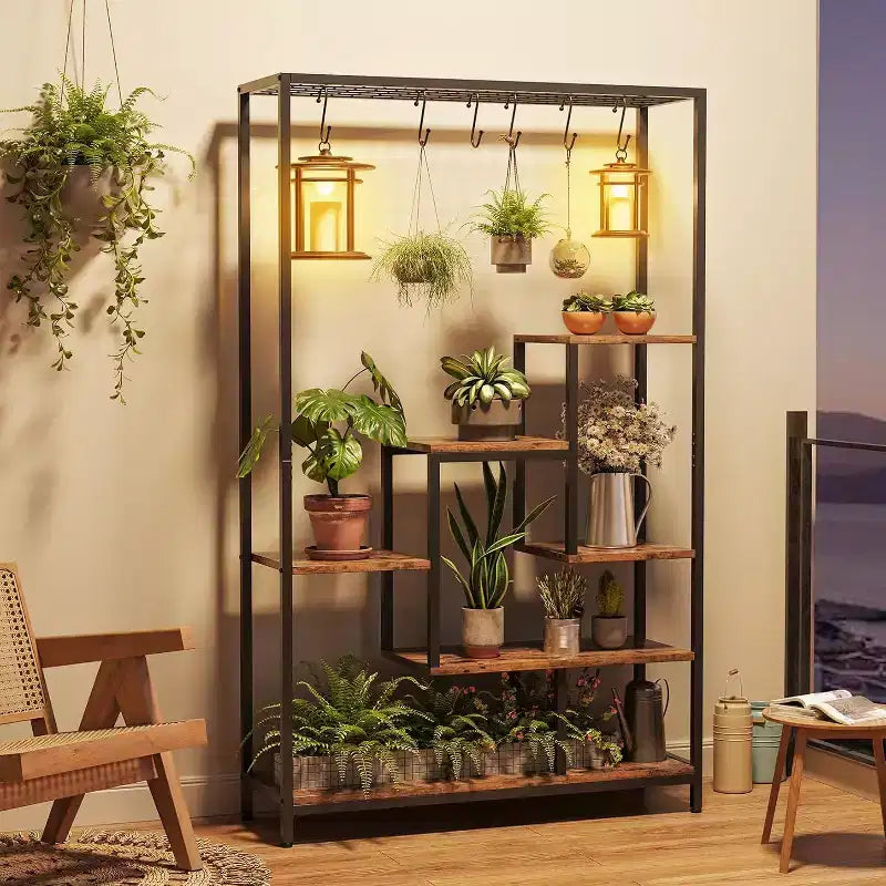 Acekool Étagère pour plantes d'intérieur à 5 niveaux, 180 cm, en métal, avec crochets, présentoir polyvalent pour salon, balcon, jardin, marron