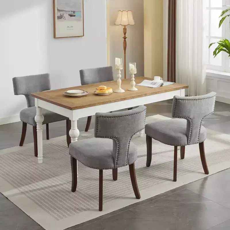 CLIHOME Lot de 2 chaises d'appoint rembourrées en tissu de lin style ferme, dossier incurvé, chaises de salle à manger avec cadre en bois massif