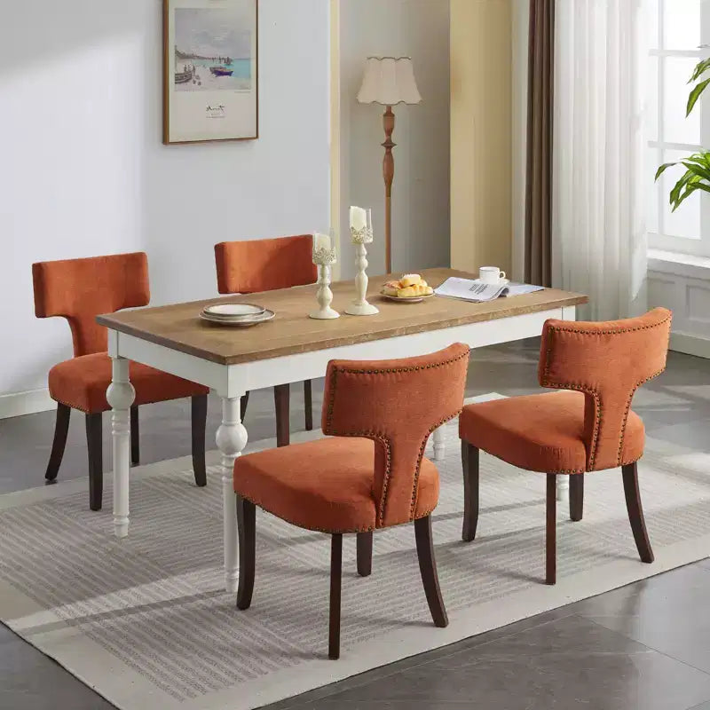 CLIHOME Lot de 2 chaises d'appoint rembourrées en tissu de lin style ferme, dossier incurvé, chaises de salle à manger avec cadre en bois massif