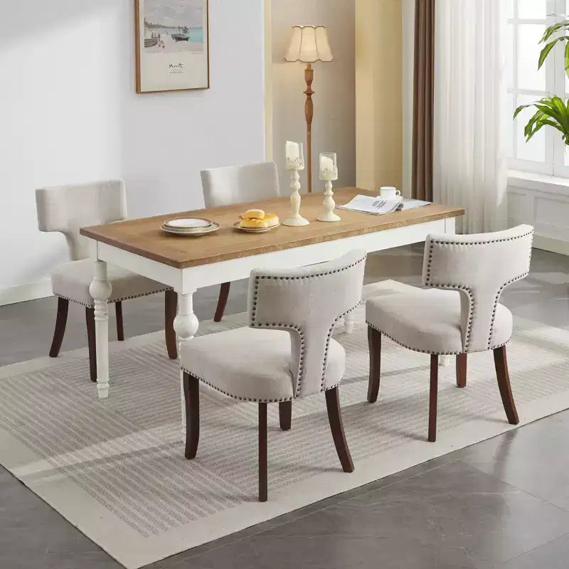 CLIHOME Lot de 2 chaises d'appoint rembourrées en tissu de lin style ferme, dossier incurvé, chaises de salle à manger avec cadre en bois massif
