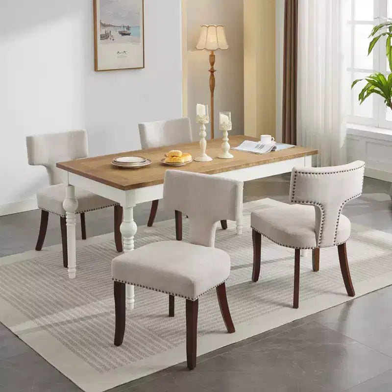 CLIHOME Lot de 2 chaises d'appoint rembourrées en tissu de lin style ferme, dossier incurvé, chaises de salle à manger avec cadre en bois massif