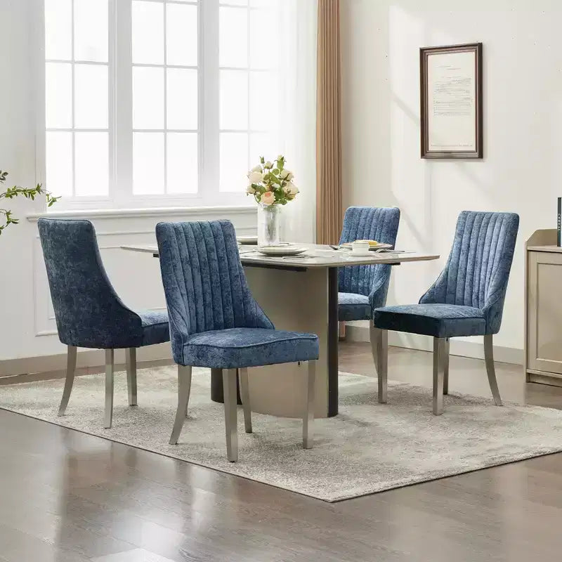 CLIHOME Lot de 2 chaises de salle à manger en chenille floquée, chaise d'appoint rembourrée avec pieds en acier inoxydable brossé argenté