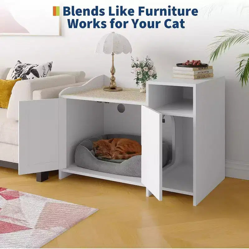 Meuble cache-litière pour chat, meuble de litière dissimulé avec porte de grange, style table d'appoint moderne, maison en bois pour animaux de compagnie, conception anti-chien