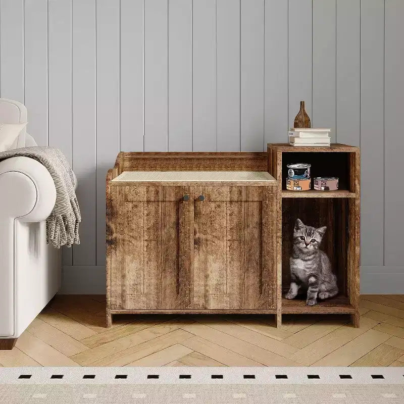 Cat Litter Box Enclosure Furniture, Hidden Litter Box Cabinet with Barn Door, Modern End Table Style, Wooden Pet House, Dog-Proof Design