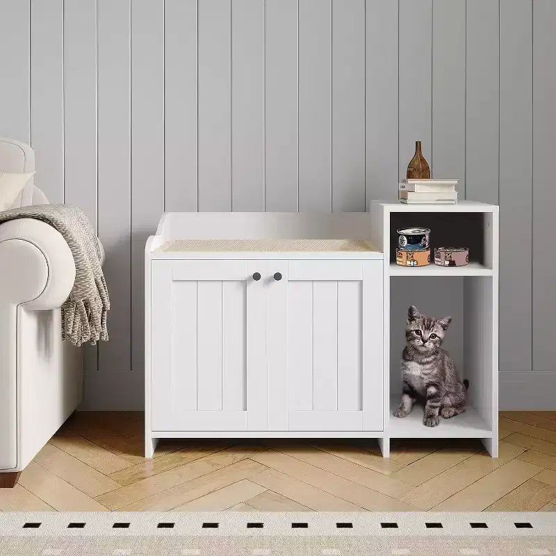 Meuble cache-litière pour chat, meuble de litière dissimulé avec porte de grange, style table d'appoint moderne, maison en bois pour animaux de compagnie, conception anti-chien