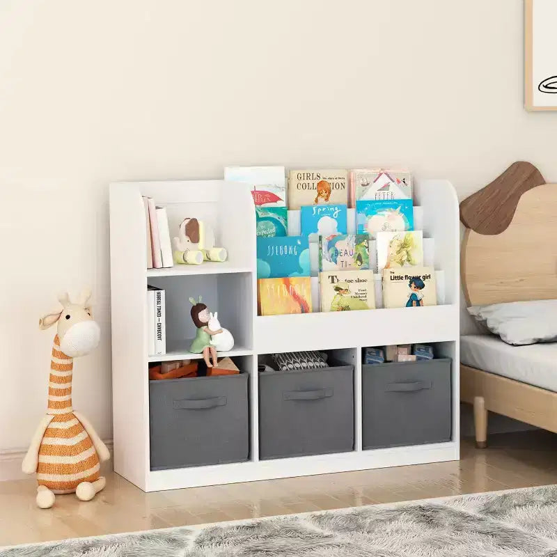 Acekool Étagère à 3 Niveaux avec Tiroirs Pliables en Tissu, Bibliothèque et Organisateur de Jouets pour Chambre à Coucher, Salle de Jeux, Couloir, Blanc