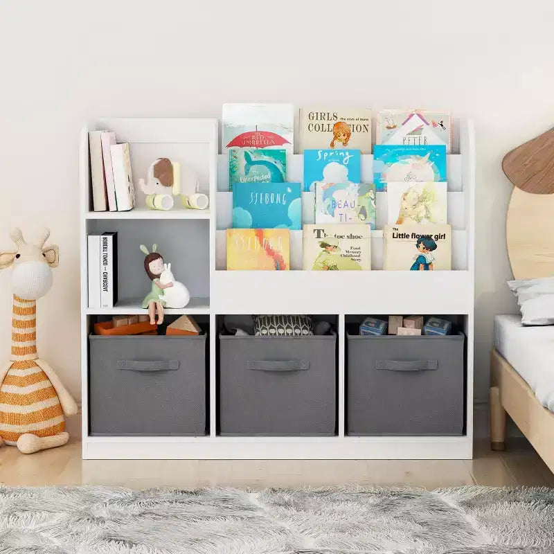 Acekool Étagère à 3 Niveaux avec Tiroirs Pliables en Tissu, Bibliothèque et Organisateur de Jouets pour Chambre à Coucher, Salle de Jeux, Couloir, Blanc