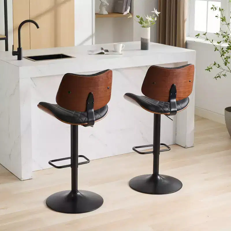 CLIHOME Lot de 2 tabourets de bar en noyer courbé, chaises de bar pivotantes modernes réglables en hauteur de comptoir, revêtues de cuir