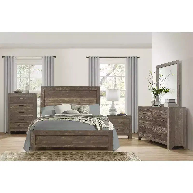 Commode rustique Okak 5 tiroirs avec poignées en métal noir, design simple pour chambre à coucher, aucun assemblage requis