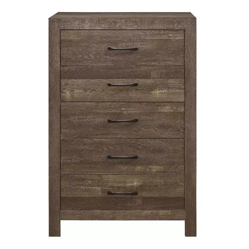 Commode rustique Okak 5 tiroirs avec poignées en métal noir, design simple pour chambre à coucher, aucun assemblage requis