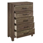 Commode rustique Okak 5 tiroirs avec poignées en métal noir, design simple pour chambre à coucher, aucun assemblage requis