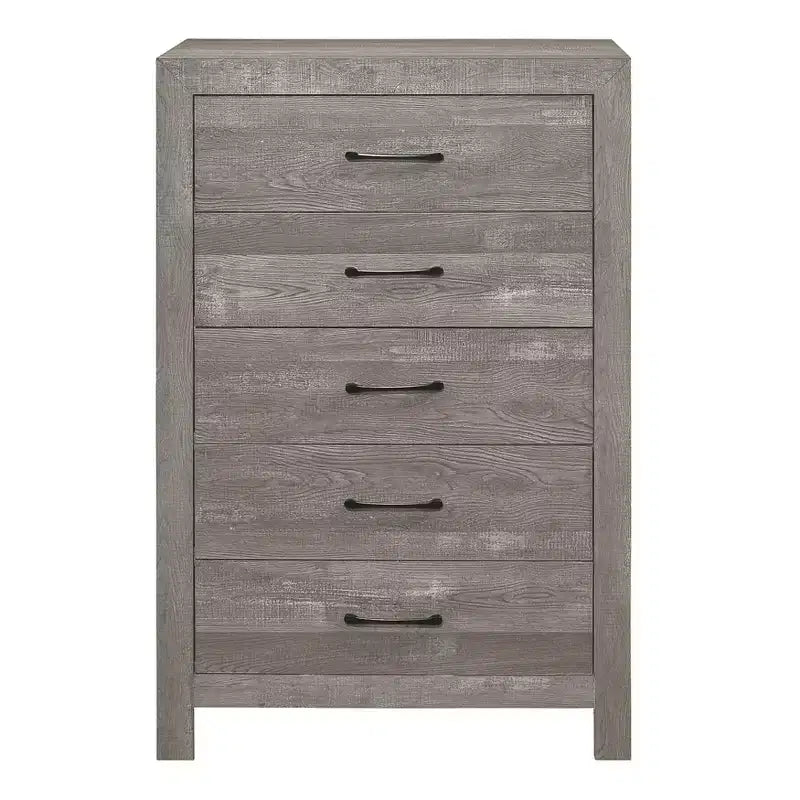Commode rustique Okak 5 tiroirs avec poignées en métal noir, design simple pour chambre à coucher, aucun assemblage requis
